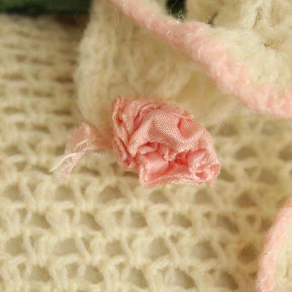 Vintage 1950s Baby Sweater and Bonnet, Ivory and Pink Knit Or Crochet Cardigan - Picture 5 of 10